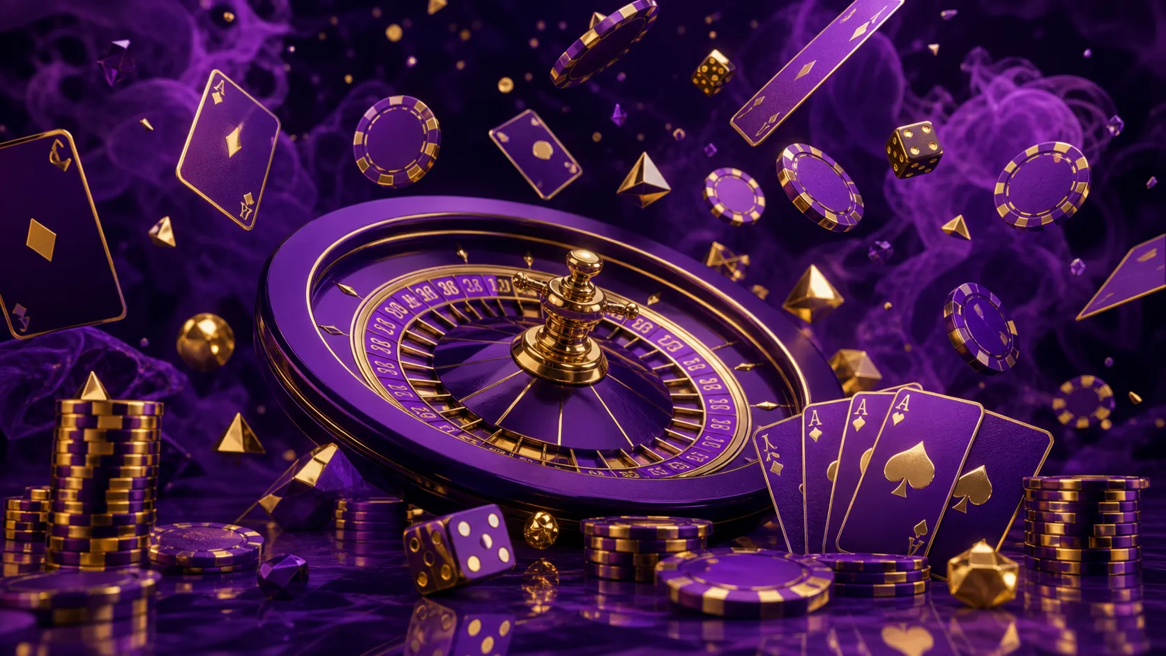 Luxurious casino hero banner with neon colors, featuring glowing roulette wheel and poker chips in a dark setting.